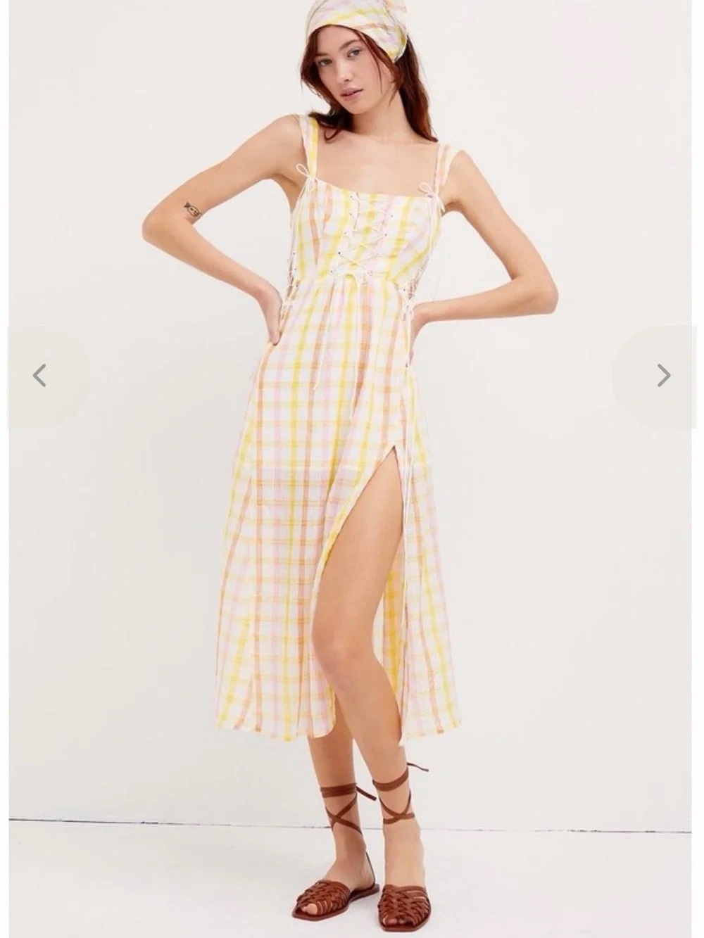 For Love & Lemons Yellow and White Gingham Rue Midi Dress
